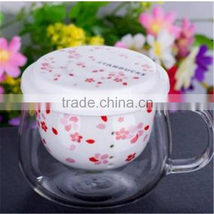 Creative product heat resistant borosilicate glass tea cup with ceramic filters and lid for promotion