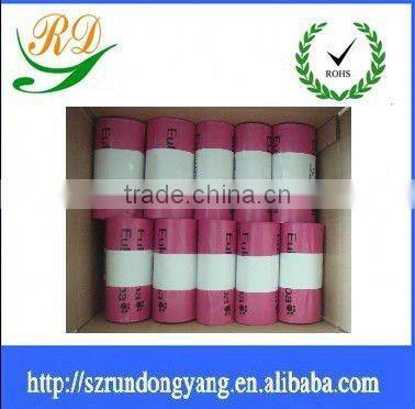 cherry red biodegradable plastic garbage bag on roller