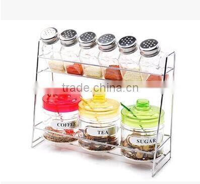 upmarket colorful glass condiment sets with metal stand