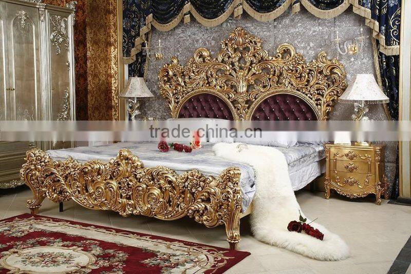 luxuious antique solid wood Italian rococo elegant Gold color European style french king size bedroom