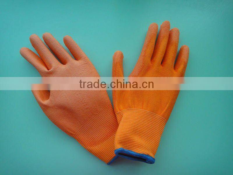 Orange polyster knitted glove with pu coating