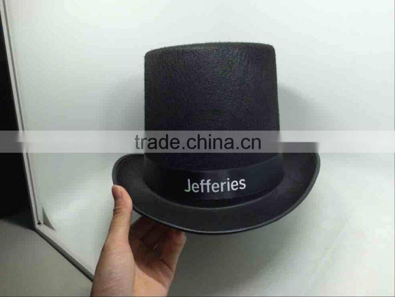 Fashion black round top hat with custom printing logo ribbon