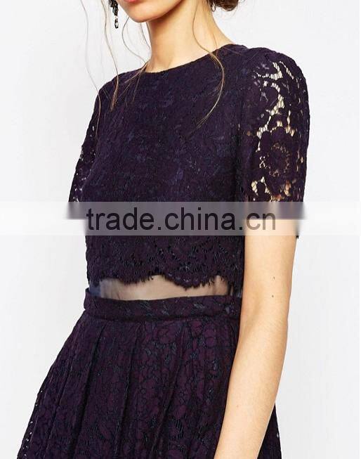 China Guangzhou clothing OEM Scalloped edges Round neckline Crop top Mesh insert Midi women dress