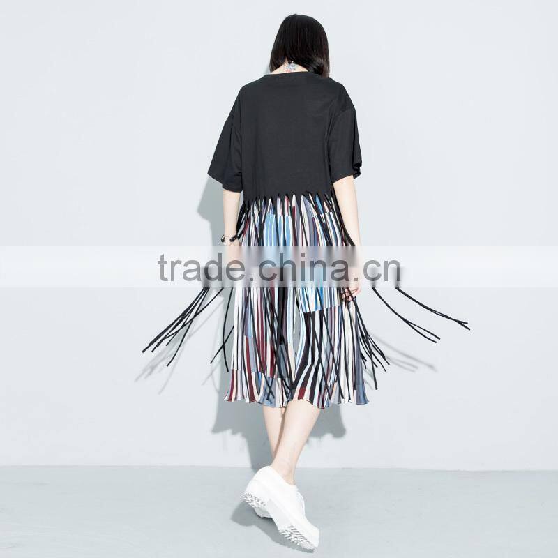 Guangzhou clothing OEM o neck half sleeves black long tassels tshirt