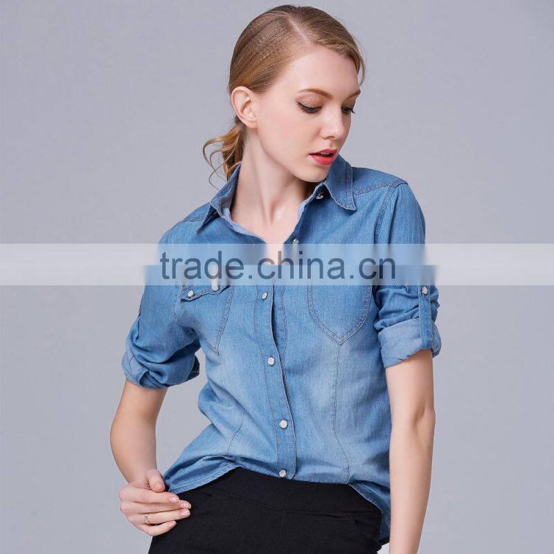 Wholesale factory price brand ladies casual jeans fabric sexy fancy denim shirt women