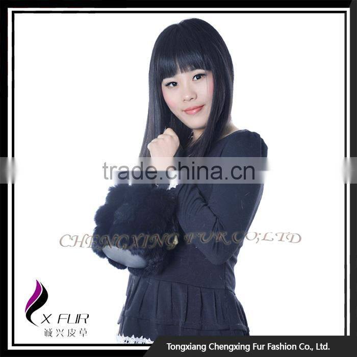 CX-H-08 High Quality Black Genuine Rabbit Fur Hand Bag Fur Pom Pom