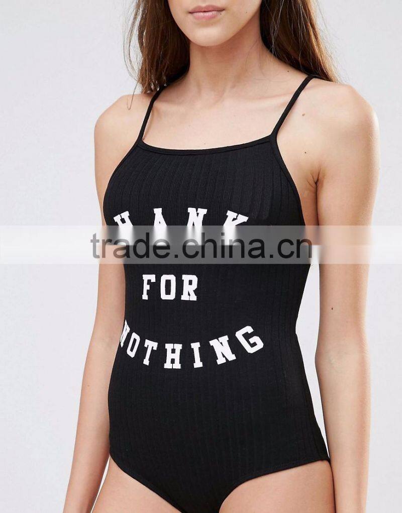 Summer Sexy Women Front Print Knitted Bodysuit With Custom Slogan Slip Jumpsuit With Your Own Logo Print
