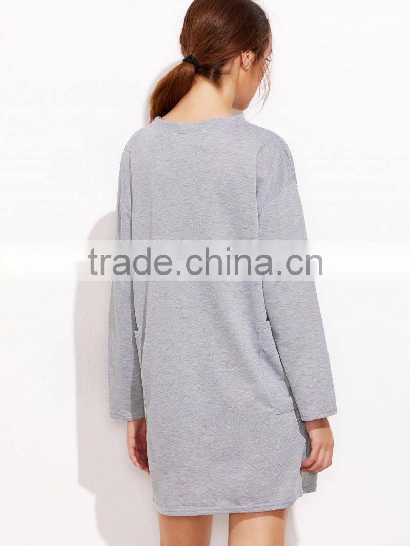Grey Drop Shoulder Tee Dress With Pockets Cotton Spandex Long Sleeve Casual Plain Sweatshirt Tee Dress