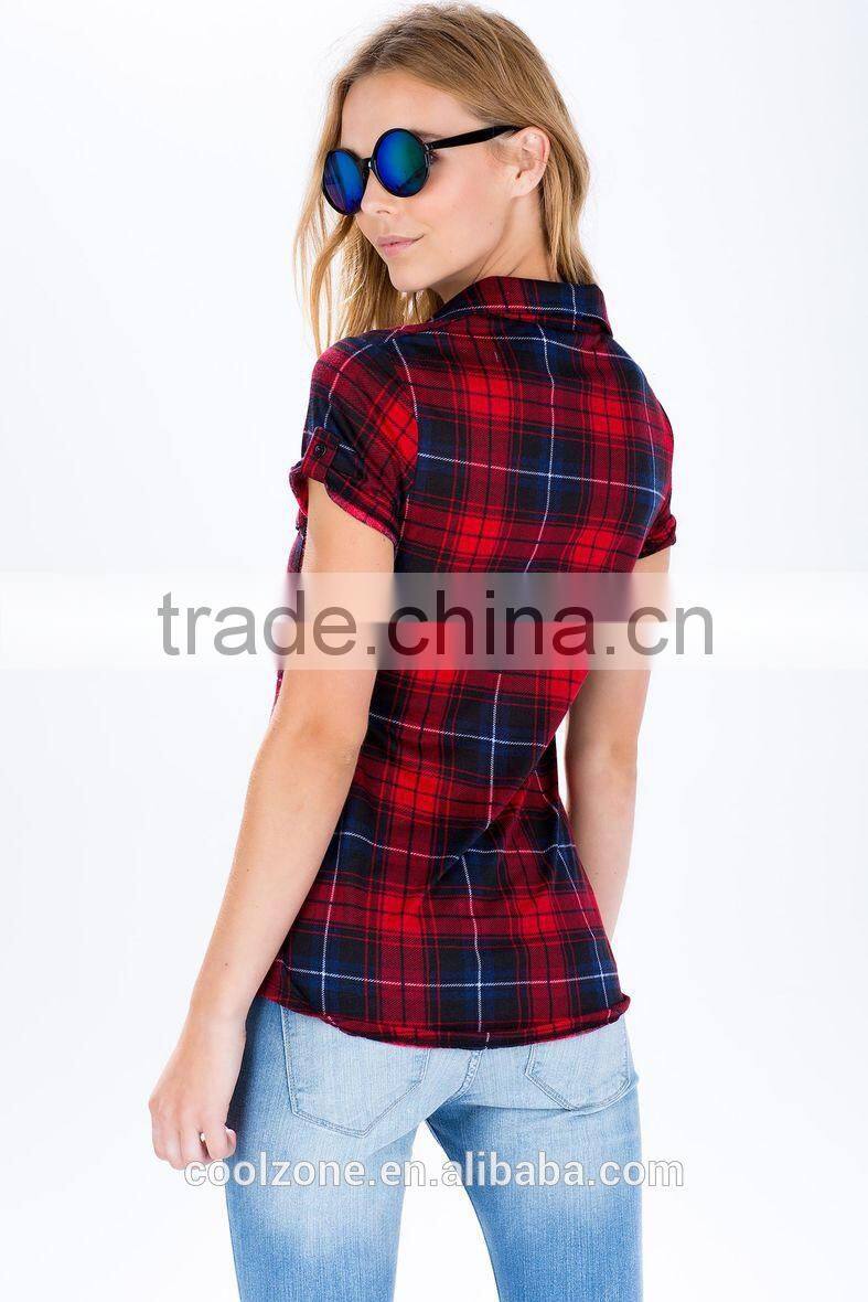 Adorable dolled up short sleeve plaid shirts latest shirt designs for women