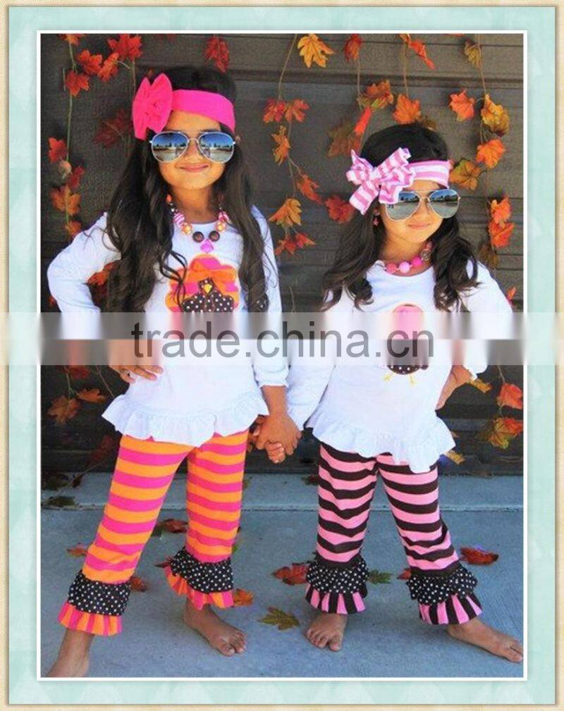 ruffle toddler turkey outfits turkey football t-shirt and striped ruffle pants sets boutique remakes little girls clothing sets