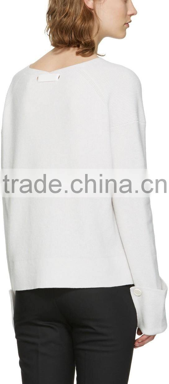 Women Wearing Sexy Design V Neck Blank White Sweater with Rolled Cuffs with Buttons