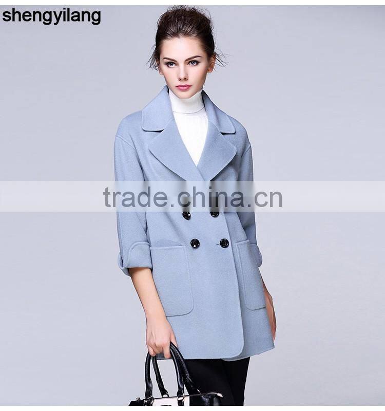 ladies 3/4 sleeves double-breasted wool thin fabric coat