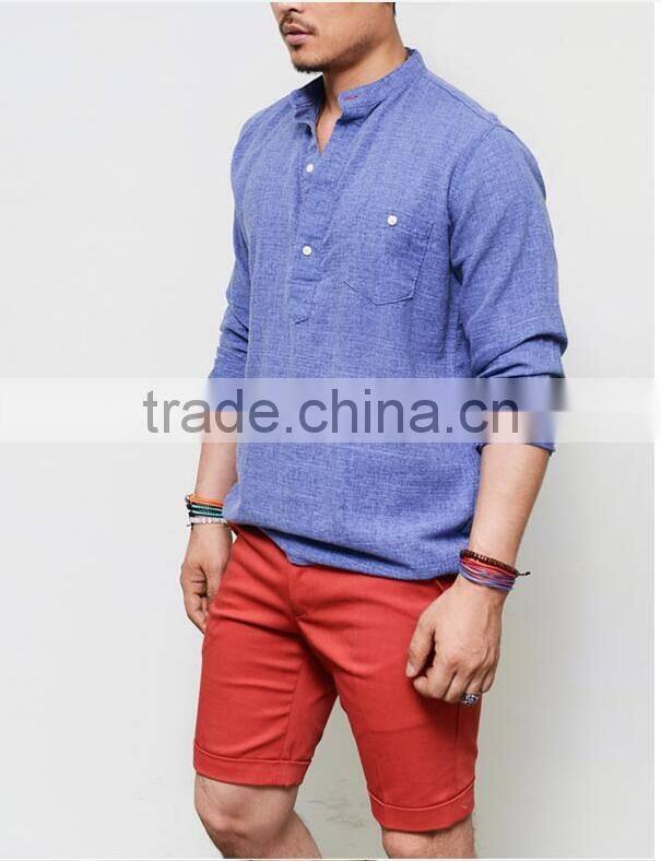 Men's Long Sleeve Blue Laid-back Holiday Linen Pull Over Henley Mandarine Shirt