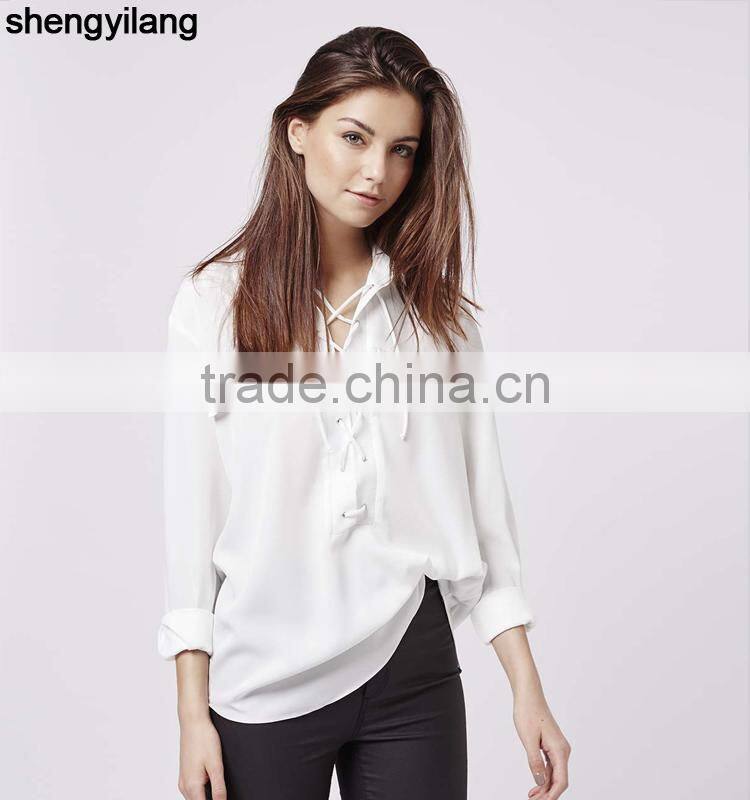 Simple and stylish women white shirts wholesale,custom Tie-Up Pocket Blouse with your own logo china supplier