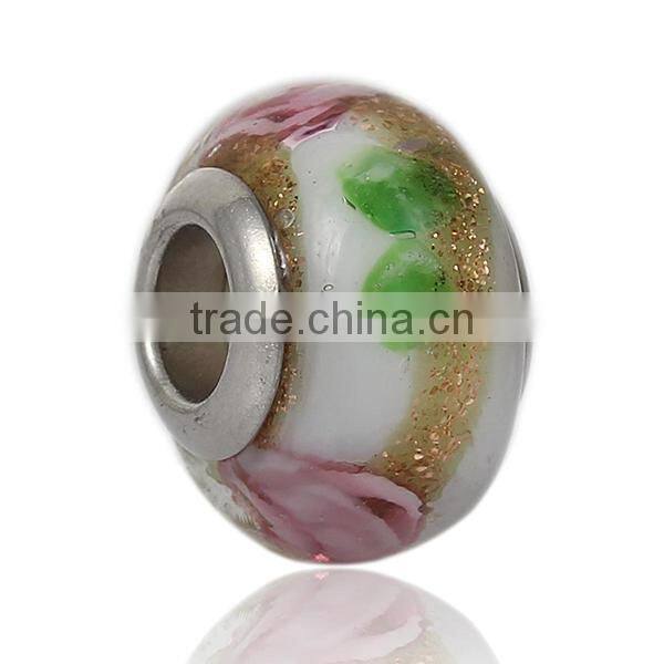 Lampwork Glass European Style Large Hole Beads Round Multicolor Flower With 304 Stainless Steel Silver Tone Core