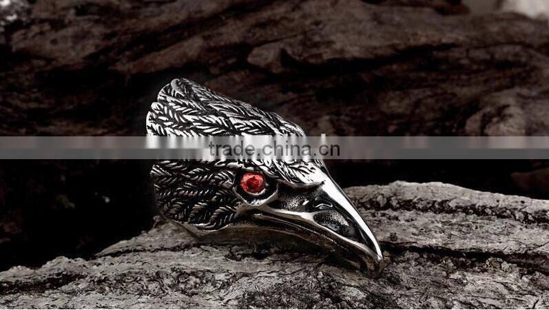 Men's Antique Black 316 S. Steel Eagle Head Ruby Eye Vintage Casted Spiker Punk Ring