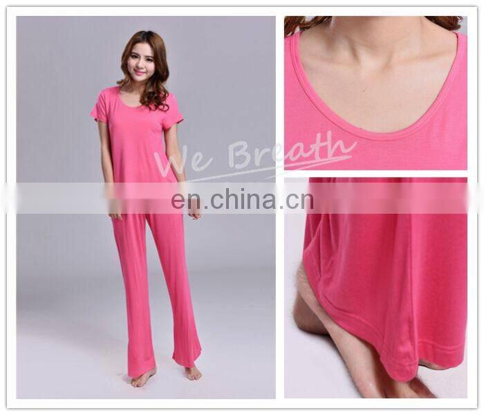 Women Bamboo Fiber Pajamas Short Sleeves Set Rose Red Beach Pants