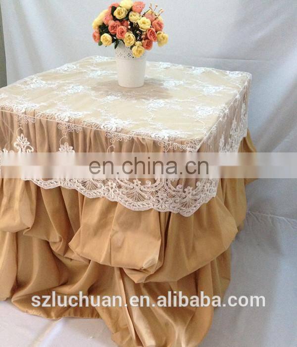 Champagne Satin and Lace Banquet Gathered Table Skirts
