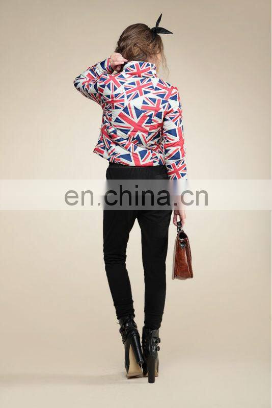english flag printed short length stand collar oblique zipper down coats for elegant girls