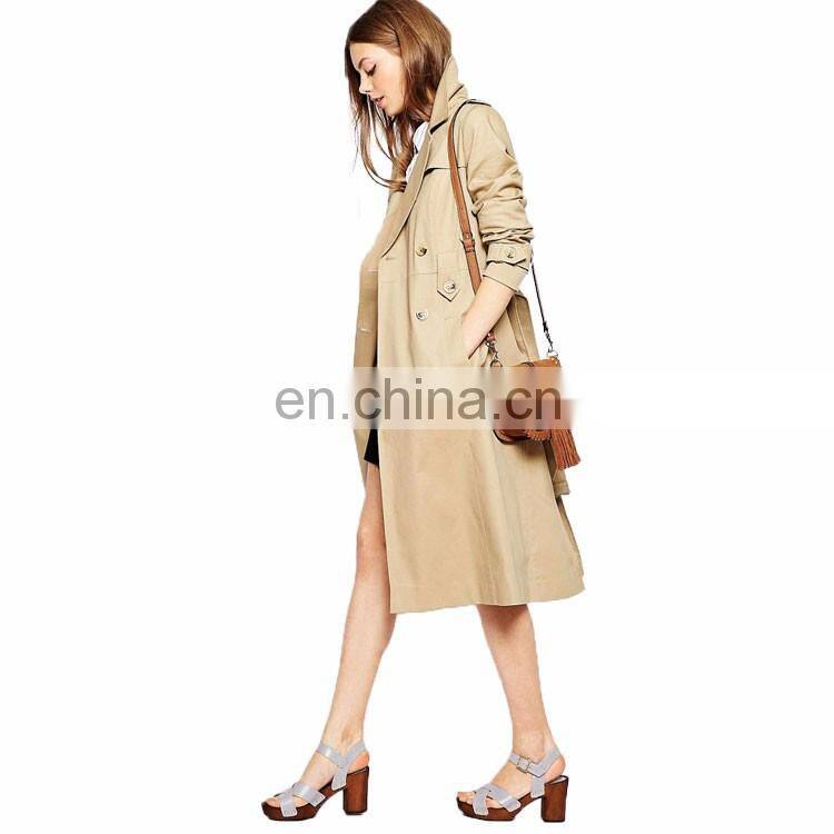 New Design Wide Notch Lapels Ladies Cotton Overcoat Long Sleeve Wholesale Women Trench Coat
