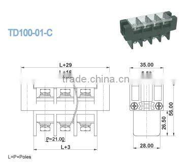termin Block 600V 101A Through Panel Terminal Block 21.0mm Feed Through Terminal Connectors