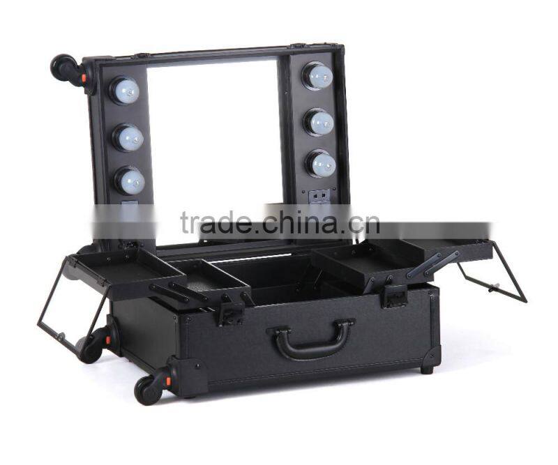 Cosmetic Case Rolling Studio Makeup 4 Wheels Trolley Case Lights With Mirror