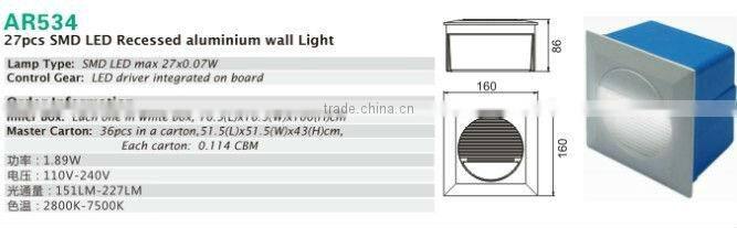 Decoration led mini light indoor IP65 27x0.1W SMD LED recessed aluminium wall light step light