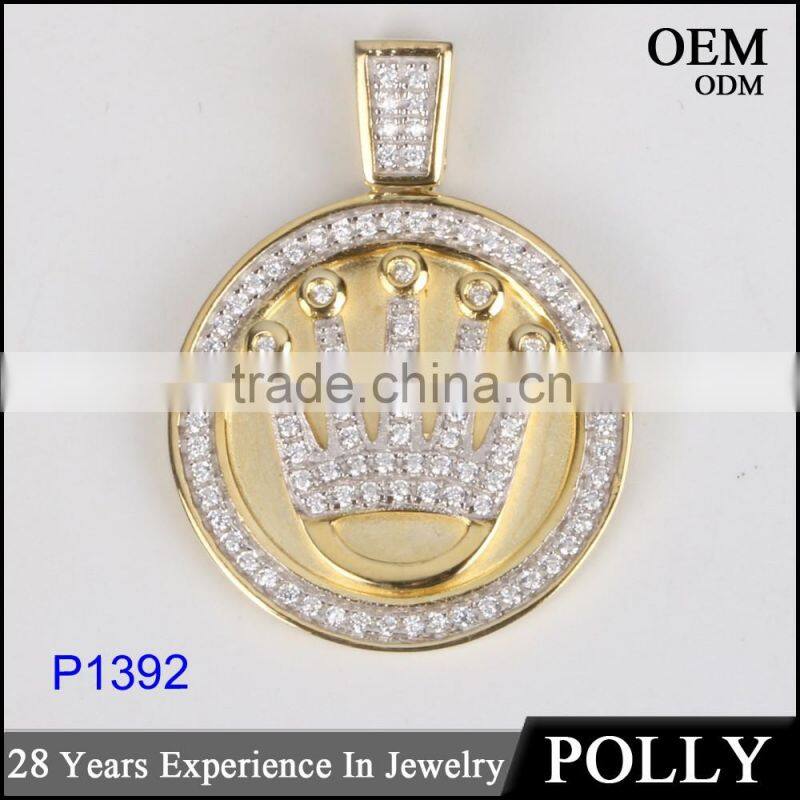 Custom silver copper micro pave hip hop jewelry coin crown shape pendant neacklace