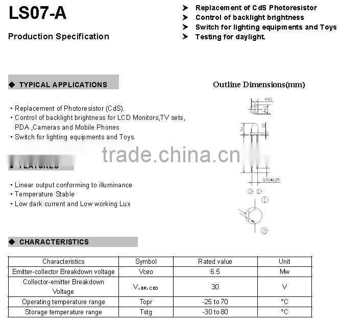 Light sensor LLS07-A 3mm replacement of photoresistor RoHS compliant Pb-free Cd-free