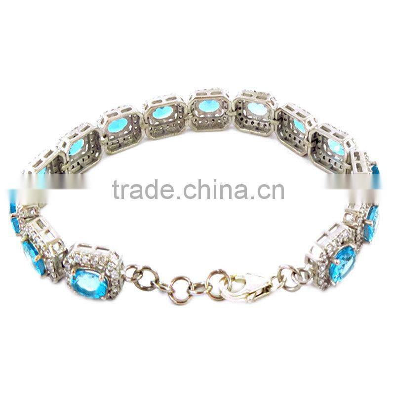 925 Solid Sterling Silver Natural Blue Topaz Rhodium bracelets Spring Look American Diamond bracelets Diamond bracelets