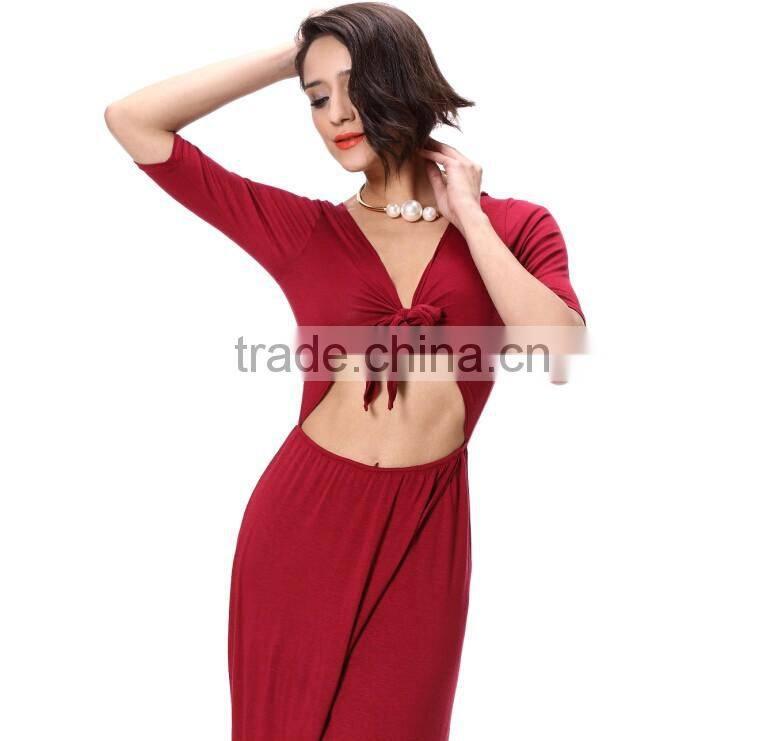 100% Rayon Half Sleeve Tie Front Simple One Piece Long Dress with a Side