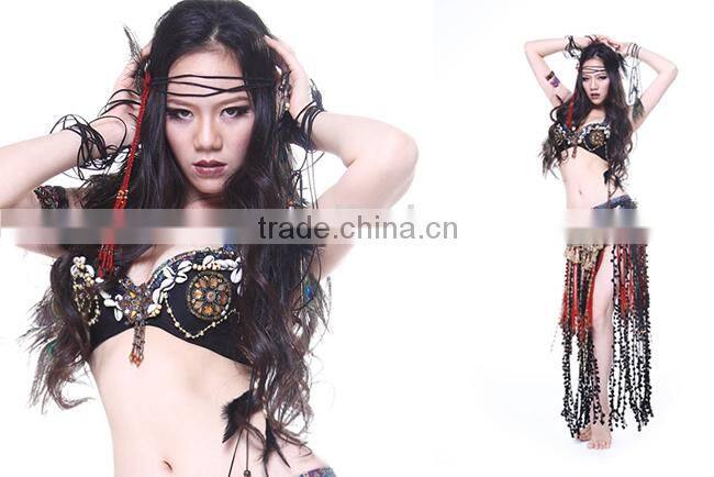 Black Wool Fabric and Red Rope Tassel Tribal Belly Dance costume