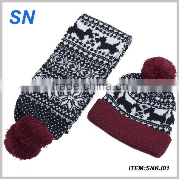 wholesale pom pom winter knitted beanie hat scarf set