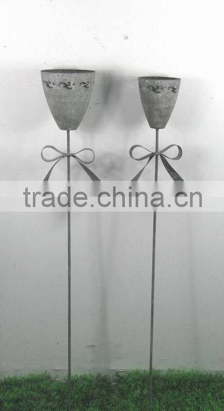 S/2 Ribboned Metal Flower Sticks w/ Pots