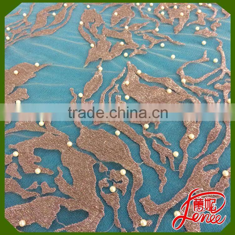 HANDMANDE WITH PEARL DECORATION EMBROIDERY FABRIC FROM WELL KNOWN SUPPLIER