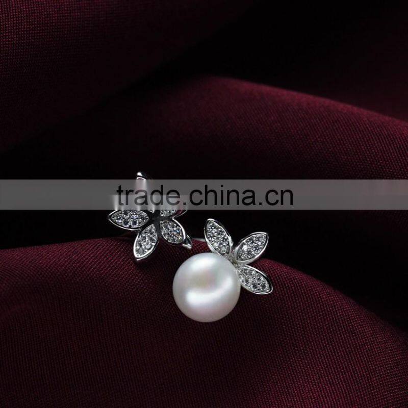 pure white resizable open size latest design natural freshwater pearl silver ring