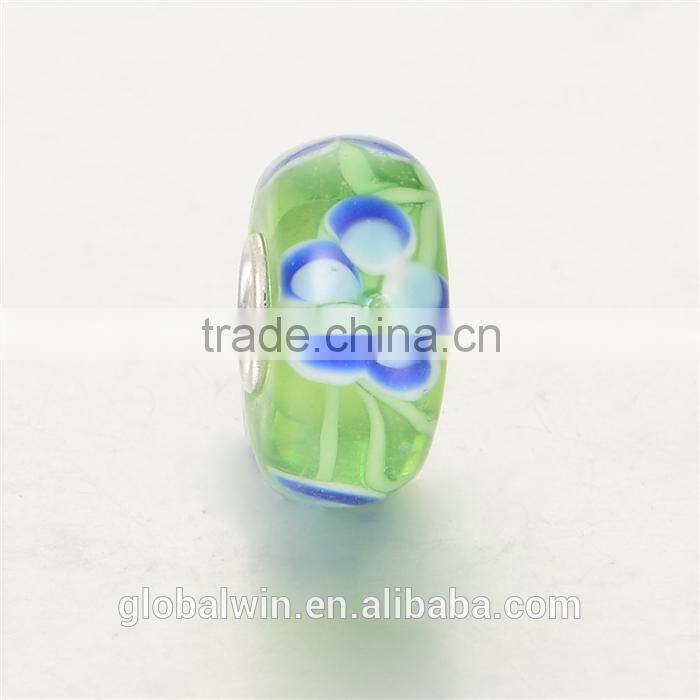 Handmade Fresh Green Color Blue Flower Murano Glass Beads Silver Charms Fit Bracelet