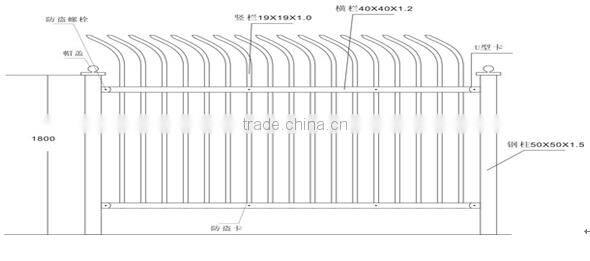 Curved top steel fence with hollow bar rails design