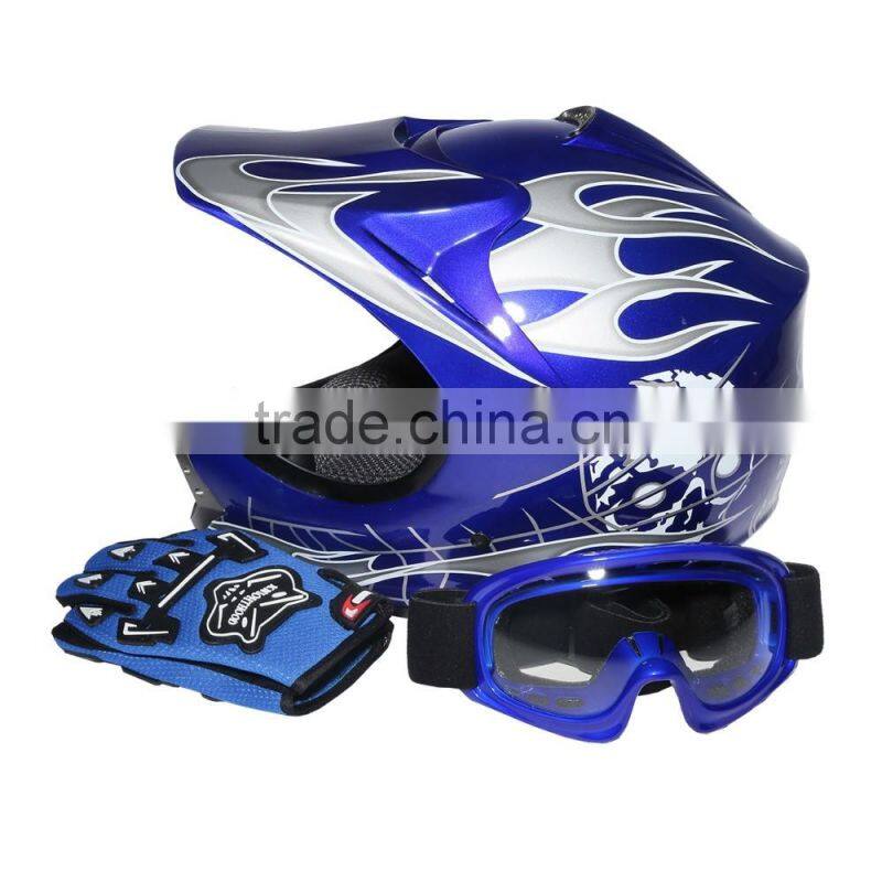 Youth Blue Skull Dirt Bike ATV Motocross Helmet Goggles+Gloves+Interphone S M L