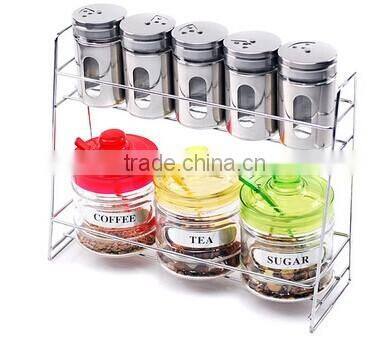 upmarket colorful glass condiment sets with metal stand
