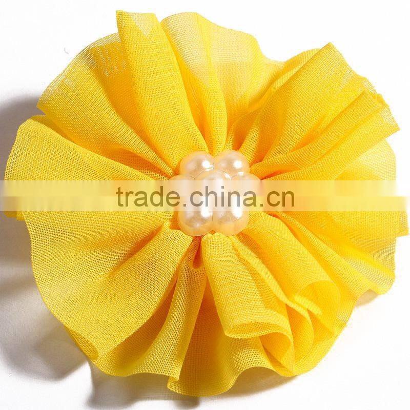 fabric chiffon flower with pearl beads center for kids hair accessories