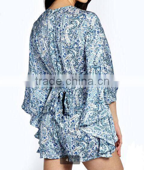 2015 sexy womens deep V neck plus size open front African Print Kimono Sleeve loose Playsuit