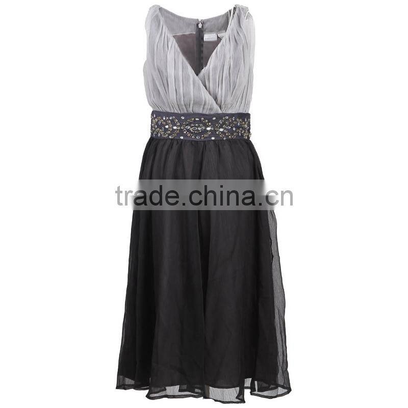 deep v-neck sleeveless black/silver waist beaded lady graceful dress/beaded evening dress