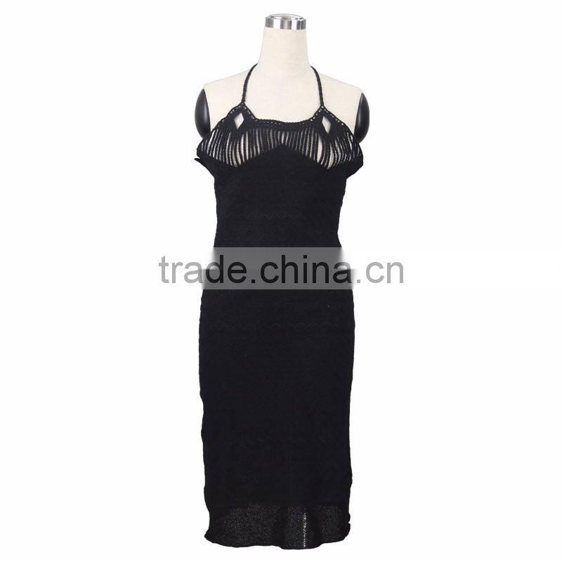 crochet cotton black dress with shoulder-straps