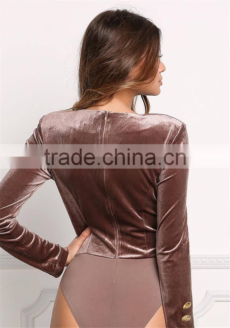 MGOO Fashion Custom Made Long Sleeves Bodysuits Velvet Breasted Tops V Neck Cocoa Polyester Spandex Blouses