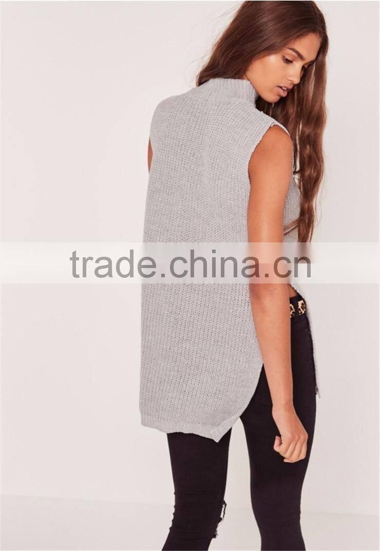 Plain Sleeveless Women Knitwear Sweater With Split Hem Choker Neck Chunky Tunic Grey