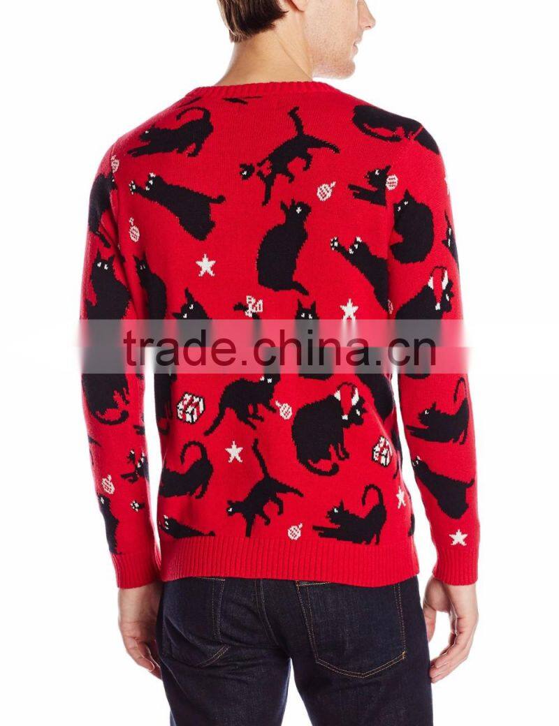Men Red Sweater Allover Black Knitted Pattern Led Light Sweater For Christmas