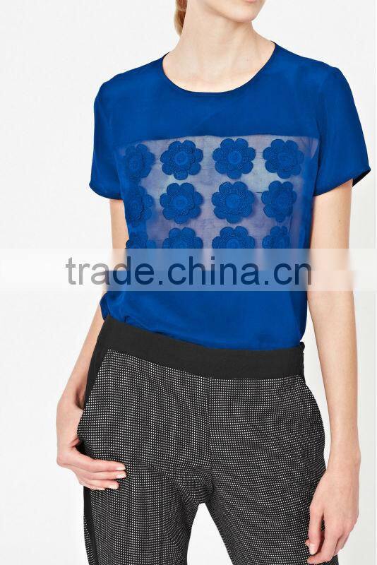 Short Sleeve Silk Blouse Top with Sheer Organza Panel