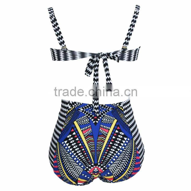 Nylon High Waist Bikini flexible slimming backless two piece padded skinny style printed geometric multi-colored Sold By Set