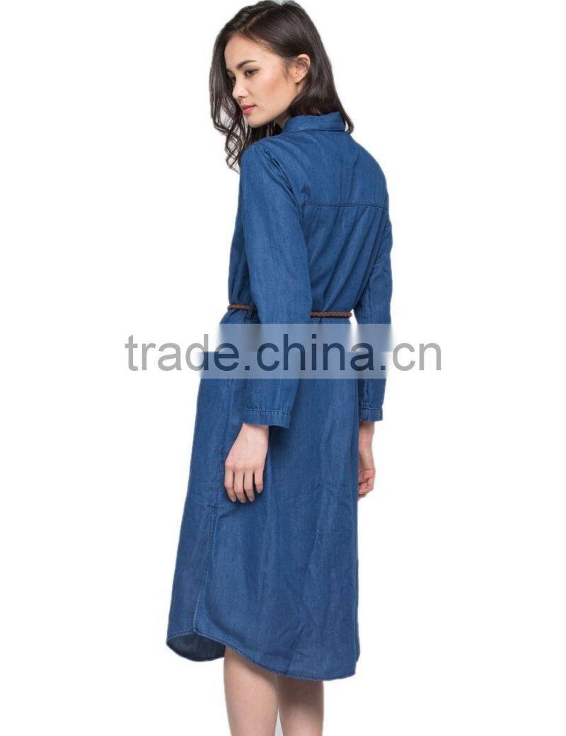 Ladies new design jeans long sleeve casual cotton longline curved hem shirt/blouse